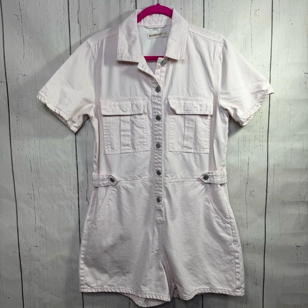 Blank NYC Pink Striped Utility Romper Size M Short Sleeve Button Up Utility Soft